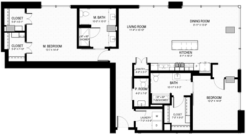 Floor plan for 2 beds, 2.5 baths, 1597 sqft